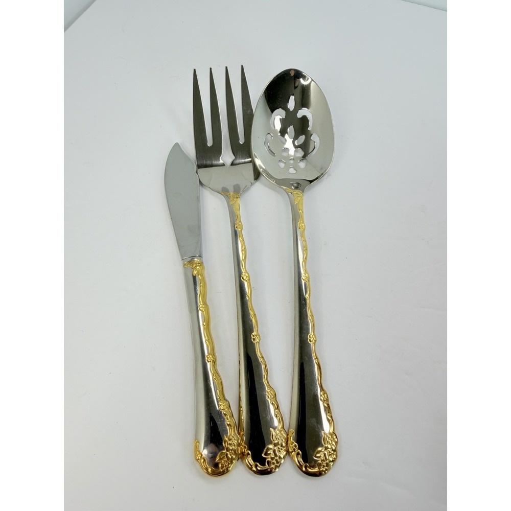 Oneida Community GOLDEN BELLE ROSE 3 Serving Pieces Stainless Fork Spoon Knife